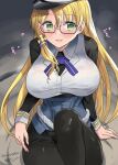  1girl artist_name black_pantyhose black_skirt blonde_hair blush breasts glasses green_eyes hat heart highres kantai_collection large_breasts long_hair long_sleeves military military_uniform mizuta_kenji naval_uniform northampton_(kancolle) one-hour_drawing_challenge open_mouth pantyhose peaked_cap pencil_skirt semi-rimless_eyewear signature skirt smile solo twitter_username uniform white_headwear 