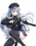  1girl absurdres assault_rifle bangs beret black_headwear black_thighhighs breasts commentary_request girls&#039;_frontline gloves green_eyes grey_hair gun h&amp;k_hk416 hair_ornament hat highres hk416_(girls&#039;_frontline) holding holding_gun holding_weapon hyoin large_breasts long_hair long_sleeves open_mouth rifle skirt solo teardrop_facial_mark thighhighs thighs weapon white_gloves 