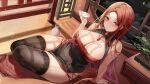  1girl absurdres arm_support bare_arms bare_shoulders black_thighhighs breasts brown_hair cleavage cup forehead hand_up highres holding holding_cup large_breasts lillly long_hair looking_at_viewer original pink_eyes sakazuki sitting solo thighhighs thighs tokkuri very_long_hair 