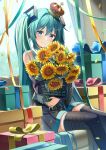  1girl aqua_hair bangs banned_artist black_skirt black_sleeves black_thighhighs blue_eyes blush box closed_mouth commentary_request confetti curtains day detached_sleeves feet_out_of_frame flower gift gift_box hair_between_eyes hatsune_miku highres indoors long_sleeves object_hug pleated_skirt skirt smile solo sunflower thighhighs twintails vocaloid wide_sleeves window yellow_flower yuuka_nonoko 