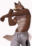  2022 5_fingers anthro bottomwear canid canine canis clothed clothing exercise fingers fur gradient_background hi_res male mammal muscular muscular_anthro muscular_male pants simple_background solo stretching temchang topless topless_anthro topless_male white_background wolf yoga_pants 