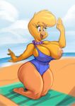 anthro avian beach beach_towel big_breasts binkie_muddlefoot bird breasts canary clothing curvaceous curvaceous_female curvy_figure darkwing_duck disney exposed_breasts eyebrow_through_hair eyebrows eyelashes female finch gesture hair hi_res huge_breasts jewelry joelasko mature_female necklace nipples oscine passerine seaside solo swimwear thick_thighs towel translucent translucent_hair voluptuous wardrobe_malfunction waving 