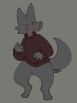  3_fingers 3_toes anthro bottomless canid canine canis clothed clothing feet fingers freckles fur fur_tuft grey_body grey_fur liam_(squishy) male mammal open_mouth simple_background smile solo squishy_(artist) sweater toes topwear tuft wolf 