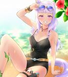  1girl adjusting_eyewear animal_ears arm_tattoo arm_up bangle bangs bare_shoulders black_one-piece_swimsuit blunt_bangs blush bracelet breasts casual_one-piece_swimsuit cleavage eyewear_on_head feet_out_of_frame flower gold_ship_(run_revolt_launcher)_(umamusume) gold_ship_(umamusume) grin holster horse_ears horse_girl horse_tail jewelry knee_up long_hair looking_at_viewer medium_breasts necklace one-piece_swimsuit peteron purple_eyes purple_hair sitting smile solo sunglasses swimsuit tail tattoo thigh_holster umamusume water water_gun 