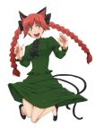  1girl :d animal_ears braid cat_ears cat_tail dress full_body green_dress hands_up kaenbyou_rin knees_together_feet_apart lunatic_rabbit multiple_tails nekomata open_mouth red_eyes red_hair smile solo tail touhou twin_braids two_tails 