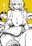  ! 1girl absurdres animal_print asymmetrical_clothes bangs bare_shoulders blush breasts cleavage highres large_breasts leopard_print looking_at_viewer marguerite_(one_piece) midriff navel one_piece open_mouth short_hair simple_background single_thighhigh skirt snake solo thighhighs thighs yellow_background yellow_eyes yotsumi_shiro 