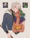  1boy 1girl aleikats animification armlet blue_hair bracelet breasts closed_eyes dark-skinned_female dark_skin earrings english_commentary gold_necklace gradient_hair green_hair hetero highres holding holding_polearm holding_weapon hood hoodie humanization jack_frost_(rise_of_the_guardians) jewelry kiss kissing_forehead long_sleeves medium_breasts medium_hair multicolored_hair necklace photo-referenced pointy_ears polearm purple_hair rise_of_the_guardians short_hair toothiana_(rise_of_the_guardians) weapon white_background white_hair 