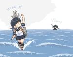  2girls abyssal_ship ahoge black_hair black_sailor_collar black_skirt kantai_collection long_hair looking_back machinery multiple_girls pleated_skirt saiguchi_otoufu sailor_collar school_uniform serafuku simple_background skirt solo_focus ushio_(kancolle) walking walking_on_liquid water waving white_background wo-class_aircraft_carrier 