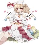  1girl :o alternate_costume animal_ears animal_hands bangs bare_shoulders blush bow carrot_necklace detached_sleeves dress dress_bow easter easter_egg egg fang feet_out_of_frame flandre_scarlet fur-trimmed_gloves fur_collar fur_trim furrowed_brow gloves hair_between_eyes highres jewelry looking_at_viewer necklace open_mouth paw_gloves rabbit_ears red_bow side_ponytail simple_background single_sock sitting socks solo sorani_(kaeru0768) touhou wavy_hair white_background white_dress white_sleeves wings 
