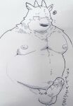  2022 anthro balls belly big_belly bovid erection genitals hi_res humanoid_genitalia humanoid_penis japanese_text kemono male mammal moobs navel nipples overweight overweight_male penis solo suishou0602 text 
