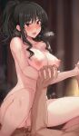  1boy 1girl amagami bangs black_hair blue_eyes blush breasts collarbone completely_nude cowgirl_position girl_on_top hetero large_breasts long_hair mobu morishima_haruka navel nipples nude open_mouth penis pussy sex sidelocks smile straddling thighs vaginal 
