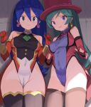  2girls adapted_costume bangs bare_shoulders blue_hair blush bow breasts closed_mouth commentary_request commission covered_navel covered_nipples earrings elbow_gloves embarrassed fingerless_gloves francesca_(pokemon) gloves green_eyes green_hair hair_between_eyes hat hat_bow highleg highleg_leotard highres jewelry leotard long_hair multiple_girls pokemon pokemon_(anime) pokemon_(classic_anime) pokemon_dppt_(anime) purple_eyes red_headwear skeb_commission spring2013 stella_(pokemon) thighhighs top_hat 