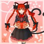  1girl animal_ears bow box braid cat_ears cat_tail gift gift_box hair_bow happy_valentine heart heart_tail highres holding holding_gift incoming_gift kaenbyou_rin mizuki_ruu193 multiple_tails nekomata pink_background red_eyes red_hair solo tail tail_bow tail_ornament touhou twin_braids two_tails valentine 