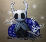  absurd_res ambiguous_gender black_body bloominglynx empty_eyes front_view grey_cape hi_res hollow_knight_(character) humanoid signature simple_background solo standing 
