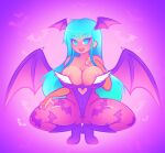  areola areola_slip bangs bat_wings big_breasts blue_eyes blue_hair blush breasts capcom cleavage clothed clothing crouching darkstalkers demon demon_humanoid female footwear green_eyes green_hair hair hi_res high_heels humanoid legwear looking_at_viewer membrane_(anatomy) membranous_wings morrigan_aensland open_mouth simple_background smile solo stockings thick_thighs tight_clothing video_games wide_hips wings zharxart 