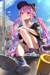  1girl bangs bare_legs black_headwear black_shirt blue_hair blue_nails breasts chain-link_fence cleavage colored_inner_hair fence graffiti hair_tie hand_on_own_chin hand_on_own_knee hat highres hololive knee_up long_hair looking_at_viewer minato_aqua multicolored_hair nail_polish neko_(minato_aqua) pink_eyes pink_hair shirt shoes sitting solo summer_tail720 twintails two-tone_hair very_long_hair virtual_youtuber 