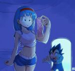  1boy 1girl absurdres blue_eyes blue_hair bra_(dragon_ball) condom condom_packet_strip condom_wrapper dragon_ball dragon_ball_gt earrings father_and_daughter hairband highres jewelry pink_mousse shirt shorts sleeves_rolled_up vegeta white_shirt 