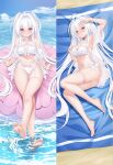  1girl ahoge armpits bangs bare_shoulders barefoot bikini blush breasts cleavage closed_mouth cloud collarbone crossed_legs dakimakura_(medium) dasoey fate/grand_order fate_(series) feet garter_straps hair_intakes lady_avalon_(fate) lady_avalon_(second_ascension)_(fate) legs long_hair looking_at_viewer lying merlin_(fate/prototype) navel on_side red_eyes sky solo splashing split_screen stomach swimsuit thigh_strap thighs toes water white_bikini white_hair 