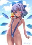  1girl blue_bow blue_eyes blue_hair blue_one-piece_swimsuit blush bow breasts cirno cloud cowboy_shot food hair_bow highres ice ice_cream ice_wings melting navel one-piece_swimsuit outdoors parted_lips short_hair sky slingshot_swimsuit small_breasts smile solo sweat swimsuit tan touhou tousen wings 