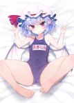  1girl barefoot bat_wings blue_hair blue_one-piece_swimsuit blush flat_chest full_body hat lying mob_cap name_tag new_school_swimsuit on_back one-piece_swimsuit parted_lips red_eyes remilia_scarlet school_swimsuit short_hair solo spread_legs swimsuit toes touhou tousen white_headwear wings 