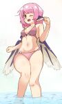  1girl absurdres animal_ears bare_arms bare_legs bare_shoulders be_yu bikini bird_ears bird_wings blush brown_eyes earrings feet_out_of_frame groin highres jewelry mystia_lorelei navel one_eye_closed open_mouth pink_bikini pink_hair short_hair single_earring smile solo swimsuit touhou water white_wings wings 