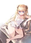  1girl bare_shoulders black_ribbon blonde_hair blue_eyes breasts chemise controller doll_joints drill_hair hair_ribbon highres joints long_hair parted_lips remote_control ribbon rozen_maiden shinku sitting small_breasts solo tousen twintails very_long_hair 