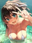  1girl :d bangs bare_shoulders bikini blue_eyes blush breasts brown_hair cleavage collarbone hair_ribbon highres kekemotsu large_breasts long_hair looking_at_viewer ocean open_mouth original partially_submerged ponytail ribbon smile solo swimsuit v water white_bikini 