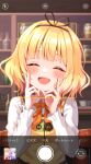  1girl :d ^_^ bangs blonde_hair blunt_bangs blush bow bowtie closed_eyes commentary_request facing_viewer gochuumon_wa_usagi_desu_ka? hands_on_own_cheeks hands_on_own_face happy highres hoto_cocoa kafuu_chino kirima_syaro long_sleeves medium_hair mozukun43 open_mouth orange_bow orange_bowtie phone_screen rabbit_house_uniform shirt smile solo uniform upper_body vest viewfinder waitress white_shirt yellow_vest 