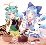  2girls antennae aqua_hair blue_bow blue_hair blush bow butterfly_wings cake chocolate chocolate_cake cirno commission commissioner_upload detached_collar dress eternity_larva fairy food green_dress hair_between_eyes hair_bow heart highres ice ice_wings leaf leaf_on_head mozukuzu_(manukedori) multicolored_clothes multicolored_dress multiple_girls open_mouth puffy_short_sleeves puffy_sleeves shirt short_hair short_sleeves skeb_commission smile spoken_heart teeth touhou upper_teeth valentine white_shirt wings yellow_eyes 