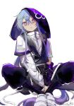  1boy arknights artist_name between_legs bishounen blue_hair crossed_legs full_body hair_between_eyes hair_ornament hairclip hand_between_legs highres hood hoodie long_hair looking_at_viewer male_focus mizuki_(arknights) purple_eyes simple_background sitting solo tao83596 twintails white_background 