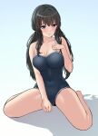  1girl absurdres alternate_hairstyle bang_dream! bangs bare_arms bare_legs bare_shoulders barefoot between_legs black_hair blue_background blue_one-piece_swimsuit blush breasts cleavage collarbone commentary competition_school_swimsuit covered_navel full_body gradient gradient_background grey_background groin hand_between_legs highres large_breasts long_hair looking_at_viewer low_twintails parted_lips ptal purple_eyes raised_eyebrows school_swimsuit shadow shirokane_rinko sidelocks sitting solo swimsuit twintails wariza 