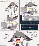  &lt;3 absurd_res alternate_version_at_source anthro biped blush bodily_fluids cheek_tuft chest_tuft collar collar_only comic countershade_torso countershading crying dialogue ears_down english_text exclamation_point facial_tuft fangs fur gloves_(marking) grey_body grey_fur half-closed_eyes head_tuft hi_res inner_ear_fluff iradeon male mammal markings narrowed_eyes nude open_mouth orange_eyes pillow pivoted_ears sean_(senz) senz simple_background sitting solo standing tears text tired tuft white_background white_body white_fur yellow_collar 