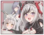  august_von_parseval_(azur_lane) azur_lane bangs black_dress black_gloves black_horns blue_hair blunt_bangs bow bowtie breasts brown_eyes cleavage cleavage_cutout clothing_cutout curled_horns dress elbe_(azur_lane) fang gloves grey_hair hair_over_one_eye headpiece highres holding holding_tray horns layered_dress maid maid_headdress moa_cere mole mole_under_eye multicolored_hair official_alternate_costume pink_hair purple_eyes shirt skin_fang sleeveless sleeveless_shirt slit_pupils tray z46_(azur_lane) z46_(chronicles_of_the_dust_wars)_(azur_lane) 