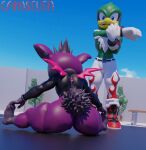  3d_(artwork) anthro balls big_butt bottomless bottomwear butt camseven clothed clothing dark_gaia digital_media_(artwork) duo ear_piercing fur genitals girly grey_hair hair hi_res male mammal notched_ear outside piercing purple_body purple_fur rear_view ring_piercing sega sitting size_difference sonic_the_hedgehog_(series) sonic_unleashed stretching teapot_(body_type) topless topwear unknown_species watermark wide_hips wings 