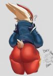  2022 ambiguous_gender anthro big_butt bubble_butt butt cinderace clothing confusion generation_8_pokemon hi_res huge_butt jacket krekk0v lagomorph looking_at_viewer looking_back mammal nintendo pokemon pokemon_(species) question_mark rear_view solo tail_tuft thick_thighs topwear tuft video_games wide_hips 
