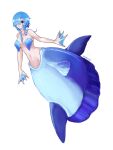  1girl :o blue_eyes blue_hair breasts completely_nude fins full_body gills hair_over_one_eye highres long_hair looking_at_viewer medium_breasts mermaid monster_girl navel nude one_eye_covered original parted_lips ruteko_(ruko220) simple_background solo sunfish twitter_username webbed_hands white_background wide-eyed 