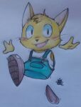  anthro blush clothing domestic_cat felid feline felis floating_feet floating_hands fur head_tuft hi_res looking_at_viewer male mammal rhonbon signature smile smiling_at_viewer traditional_media_(artwork) tuft whiskers yellow_body yellow_fur 