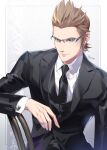  1boy artist_name black_jacket black_necktie black_pants border brown_hair chair collared_shirt cuff_links final_fantasy final_fantasy_xv formal glasses green_eyes grey_background hair_slicked_back hinoe_(dd_works) ignis_scientia jacket male_focus necktie pants shirt short_hair sideburns sitting smile solo waistcoat white_shirt 