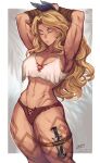  1girl amazon_(dragon&#039;s_crown) armpits arms_behind_head arms_up artist_name blonde_hair bracer breasts closed_eyes commentary dragon&#039;s_crown english_commentary highres iahfy knife large_breasts long_hair midriff muscular muscular_female navel scar solo thigh_strap thighs wavy_hair 