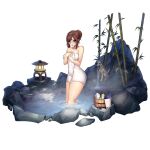  1girl bamboo blush breast_hold breasts brown_hair bucket collarbone covering covering_breasts d-log digital_media_player dog fountain full_body grey_eyes hair_between_eyes hair_bun highres in_water kheshig_(last_origin) last_origin long_hair looking_at_viewer medium_breasts naked_towel official_art onsen open_mouth partially_submerged ripples rock shutter_shades soap_bottle solo statue stone_lantern stuffed_animal stuffed_dolphin stuffed_toy tachi-e thighhighs towel transparent_background water wet white_towel wooden_bucket 