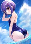  1girl absurdres arm_up ass bangs bare_arms bare_shoulders blue_one-piece_swimsuit blue_sky breasts closed_mouth competition_school_swimsuit day from_behind hair_ornament hairclip hand_in_own_hair highres looking_at_viewer looking_back outdoors purple_eyes purple_hair school_swimsuit short_hair sky small_breasts solo swimsuit tenneko_yuuri voiceroid wading water wet wet_clothes wet_swimsuit yuzuki_yukari yuzuki_yukari_(shizuku) 