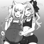  2girls animal_ears bangs bare_arms big_belly bike_shorts blunt_bangs blush breasts bulge cat_ears covered_penis fang futanari gawr_gura greyscale hair_intakes heart heart-shaped_pupils highres hololive hololive_english jadf long_hair looking_at_viewer monochrome multiple_girls murasaki_shion open_mouth outline pregnant sharp_teeth skirt skirt_set small_breasts spoken_heart sports_bra suspenders symbol-shaped_pupils teeth v virtual_youtuber 