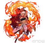  1girl absurdres arm_up armpits artist_request bandages bandeau bangs bare_legs bare_shoulders breasts chest_sarashi facial_mark fire fire_emblem fire_emblem_fates fire_emblem_heroes flame full_body hair_between_eyes hand_fan highres holding holding_fan long_hair mask mask_on_head medium_breasts midriff multicolored_hair muscular muscular_female navel official_alternate_costume official_art open_mouth paper_fan red_eyes red_hair rinkah_(fire_emblem) sarashi simple_background skirt solo stomach strapless thigh_strap tube_top two-tone_hair uchiwa very_long_hair whisker_markings white_background white_hair white_skirt 
