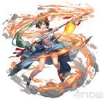  1girl :d absurdres bandages bandeau bangs blue_shirt blue_skirt breasts chest_sarashi cleavage cuboon fire_emblem fire_emblem:_the_blazing_blade fire_emblem_heroes full_body green_eyes green_hair highres holding holding_polearm holding_weapon lantern large_breasts long_hair lyn_(fire_emblem) mask mask_on_head midriff official_alternate_costume official_art open_mouth paper_lantern polearm ponytail rope_belt sarashi shirt short_sleeves side_slit simple_background single-shoulder_shirt single_bare_shoulder skirt skirt_set smile solo spear standing stomach strapless tube_top very_long_hair weapon white_background 
