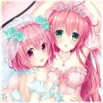  2girls :d arms_up border breasts bridal_veil chestnut_mouth choker cleavage collarbone dakimakura_(medium) detached_sleeves diadem flower from_above green_eyes green_flower green_rose hair_flower hair_ornament jewelry lala_satalin_deviluke long_hair looking_at_viewer lying medium_breasts medium_hair momo_velia_deviluke multiple_girls necklace on_back on_stomach open_mouth pink_eyes pink_gemstone pink_hair pink_sleeves rose shiny shiny_hair short_sleeves siblings sisters smile strapless summer-d_(dodojune) to_love-ru upper_body veil very_long_hair white_border white_choker white_sleeves 