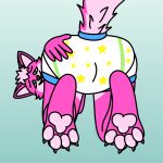  ambiguous_gender anthro ass_up avoonix butt canid canine clothed clothing diaper feet foot_focus fox fur gradient_background green_eyes hair hi_res looking_at_viewer looking_back mammal open_mouth partially_clothed paws pink_body pink_ears pink_fur pink_hair pink_tail presenting presenting_hindquarters raised_tail simple_background smile solo 