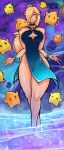  1girl bare_shoulders blonde_hair blue_dress blue_eyes breasts choker cleavage closed_mouth collarbone crown dress earrings english_commentary feet_out_of_frame frealish hair_over_one_eye highres jewelry large_breasts long_hair looking_at_viewer mario_(series) no_panties outdoors rosalina sky smile star_(sky) star_(symbol) star_earrings starry_sky starry_sky_print thick_thighs thighs wading 