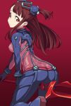  1girl ass breasts brown_hair floating_hair kagari_atsuko lance_of_longinus little_witch_academia long_hair looking_back neon_genesis_evangelion one_side_up plugsuit rebuild_of_evangelion red_background red_eyes skin_tight small_breasts solo uganda_(ugandam_00) 
