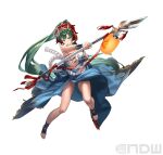  1girl :o absurdres bandages bandeau bangs blue_shirt blue_skirt breasts chest_sarashi cleavage cuboon fire_emblem fire_emblem:_the_blazing_blade fire_emblem_heroes full_body green_eyes green_hair highres holding holding_polearm holding_weapon lantern large_breasts long_hair lyn_(fire_emblem) mask mask_on_head midriff official_alternate_costume official_art open_mouth paper_lantern polearm ponytail rope_belt sarashi shirt short_sleeves side_slit simple_background single-shoulder_shirt single_bare_shoulder skirt skirt_set solo spear standing stomach strapless tube_top very_long_hair weapon white_background 