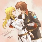  1boy 1girl 2022 black_jacket blonde_hair bodysuit breasts brown_eyes brown_hair couple eye_contact gloves hand_on_another&#039;s_shoulder hetero holding_hands jacket kodai_susumu leaning_back leaning_forward long_hair looking_at_another medium_breasts military military_jacket military_uniform mori_yuki pants short_hair signature straight_hair uchuu_senkan_yamato uchuu_senkan_yamato_2199 uniform white_bodysuit white_gloves white_pants yokon2199 